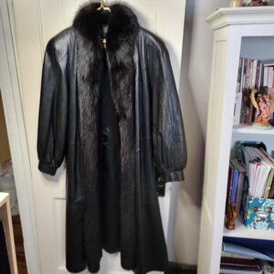 Black Leather Maxi Coat Fox Fur Trim